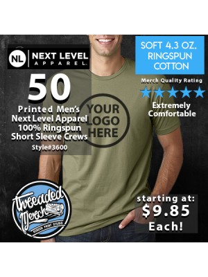50 Custom Screen Printed Next Level 3600  Unisex ring spun crew T Shirt Special 